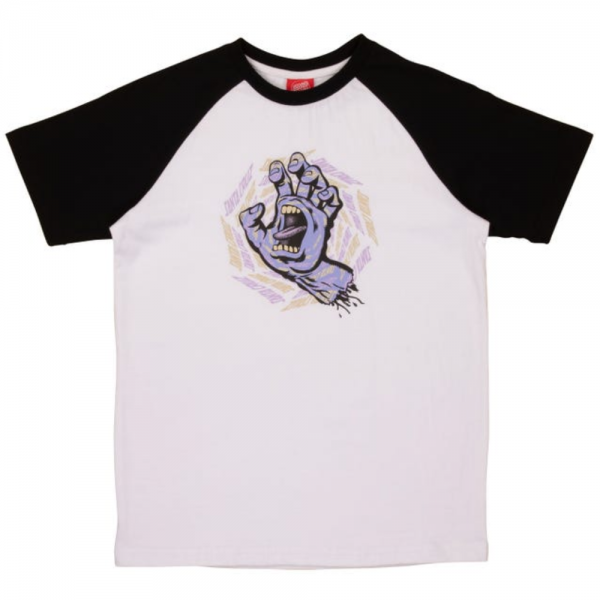 SANTA CRUZ YOUTH SPIRAL STRIP HAND RAGLAN BLACK/WHITE T-SHIRT BAMBINO